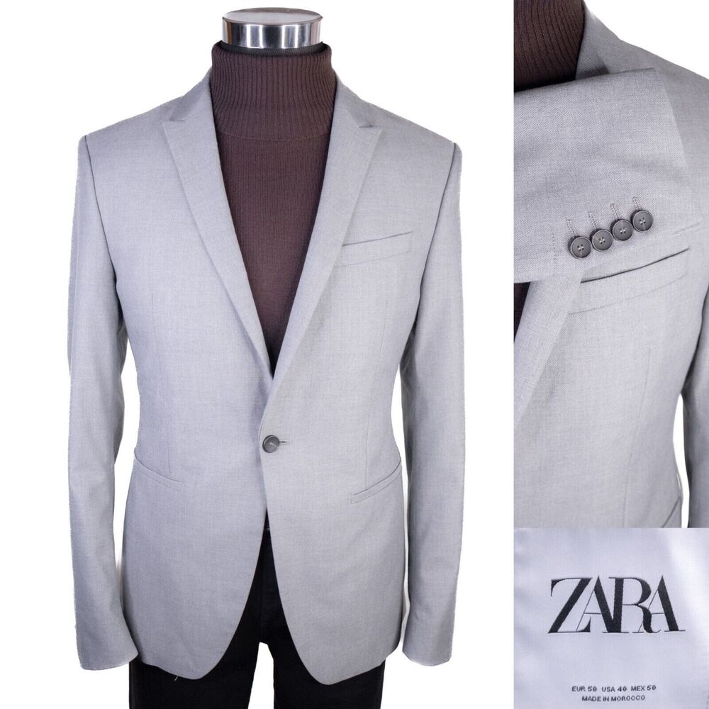 Zara Bazer Mens Sz 40 Solid Gray One Button Sport Coat Jacket Blazer Poly Blend